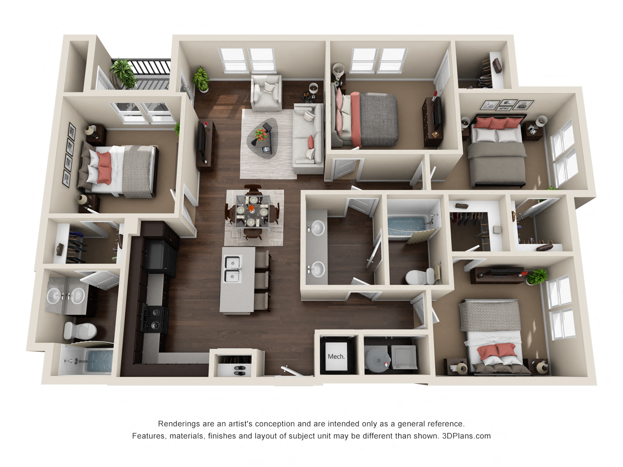 Floor plan for 4 beds, 2 baths, 1417 sqft